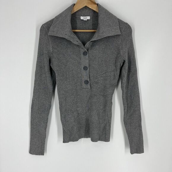 Reiss Maia Sweater Size Large Women Gray Ribbed Bodycon Henley Classic Old Money - Picture 1 of 7